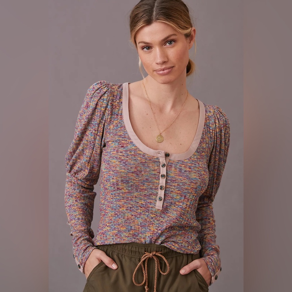 By Anthropologie Puff Sleeve Knit Henley Top Sz Small Preowned